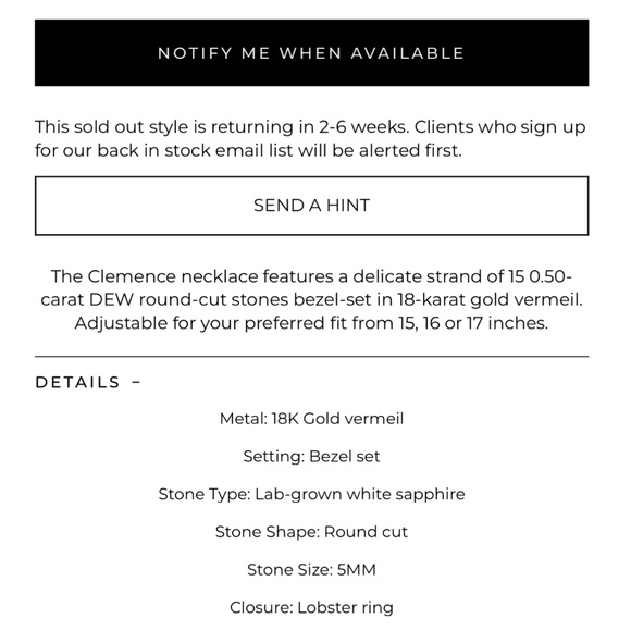 DORSEY Clemence 7.5 Carat, 15 White Sapphire and 18K Gold Vermeil Bezel Necklace - Picture 3 of 6